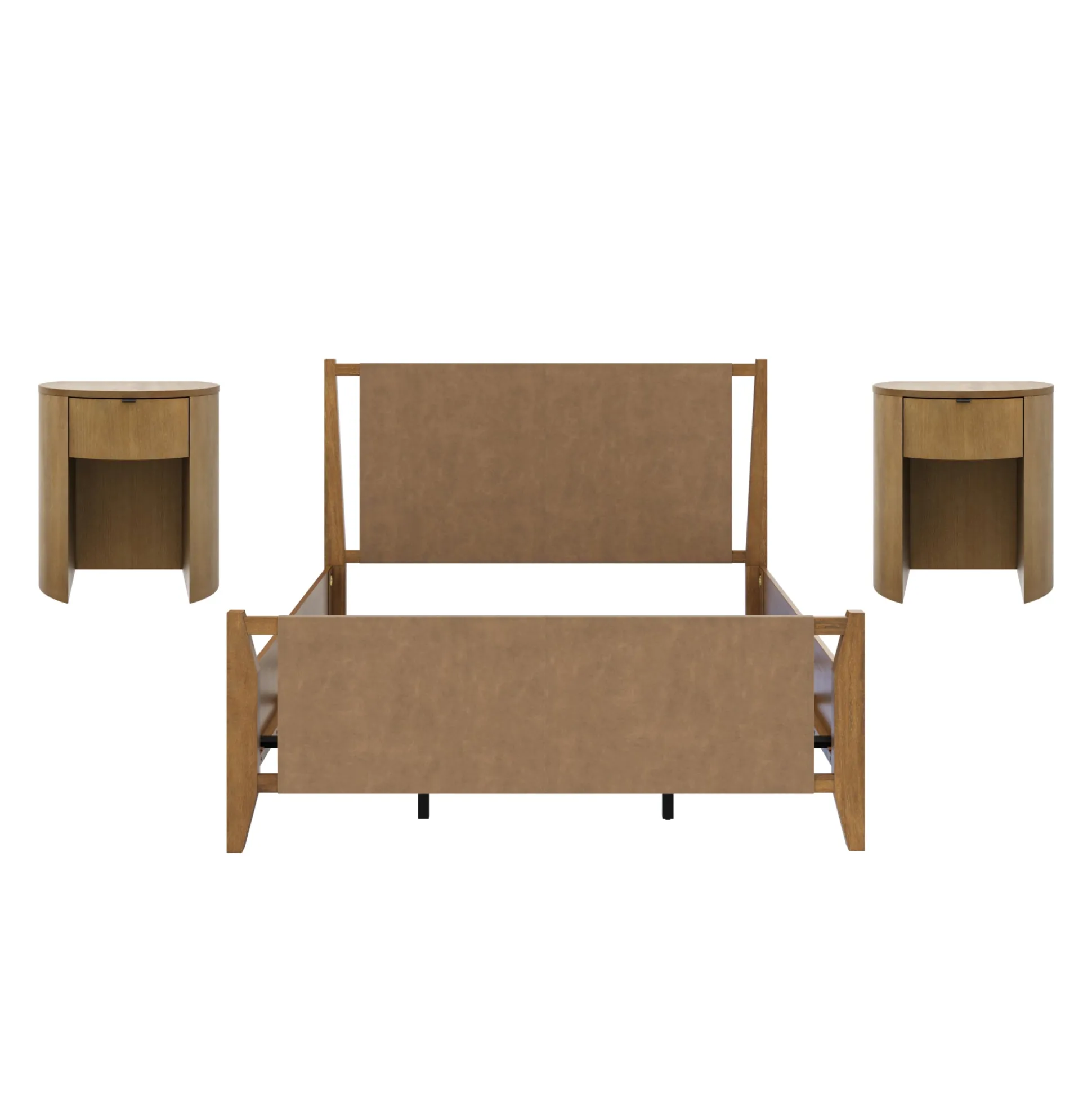Faux Leather Queen Bed Frame with 2 Curved Nightstands with Drawer Set Light Brown