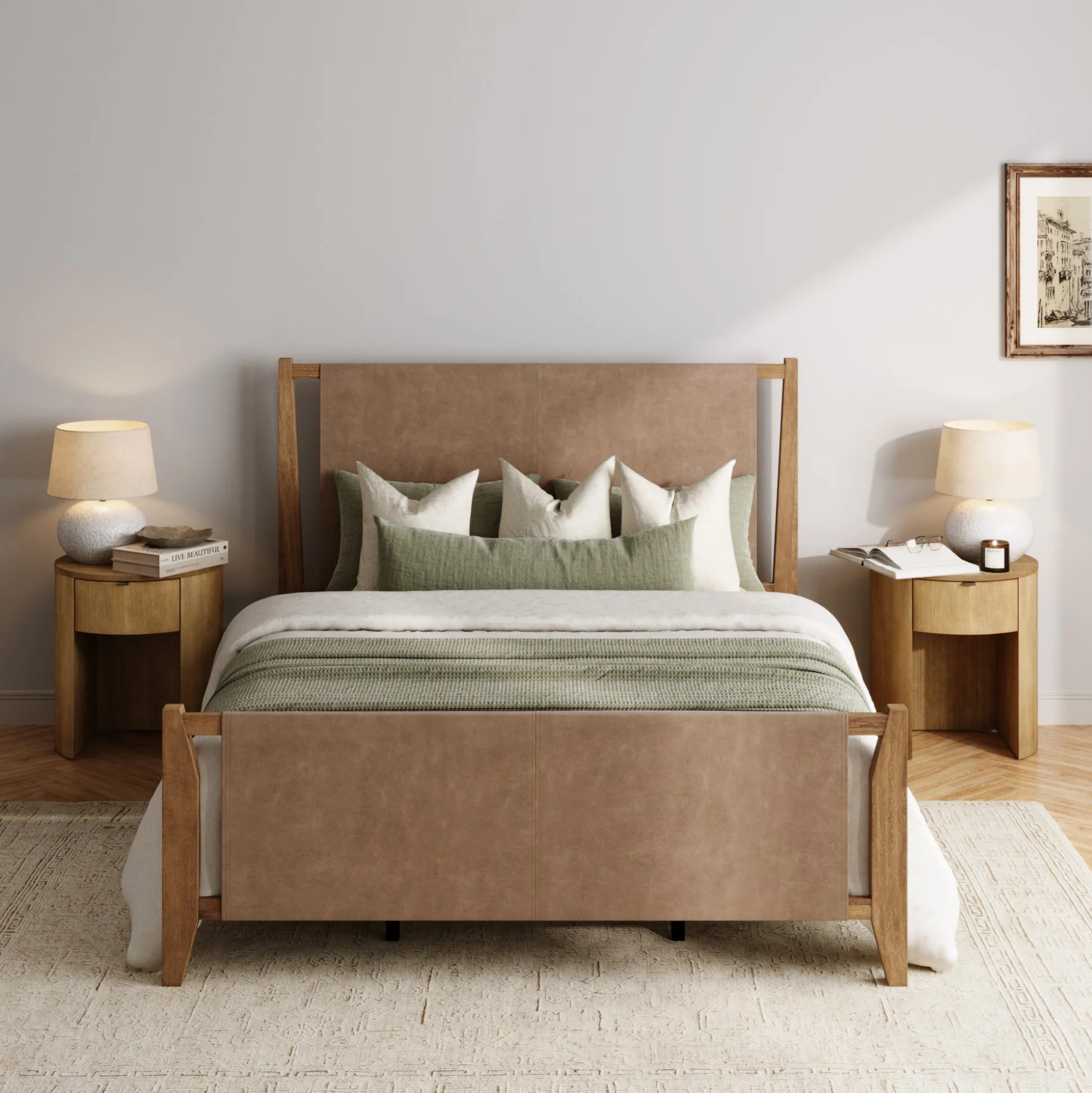 Faux Leather Queen Bed Frame with 2 Curved Nightstands with Drawer Set Light Brown