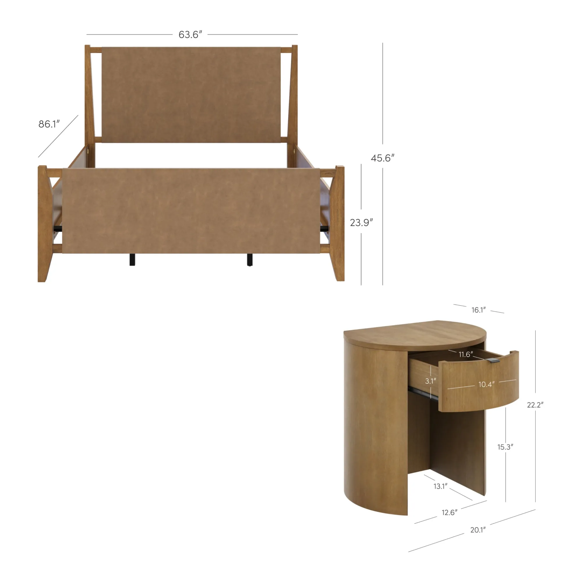 Faux Leather Queen Bed Frame with 2 Curved Nightstands with Drawer Set Light Brown