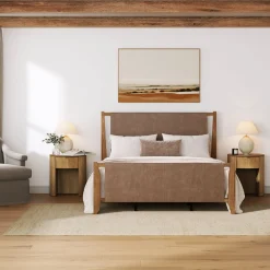 Faux Leather Queen Bed Frame with 2 Curved Nightstands with Drawer Set Light Brown