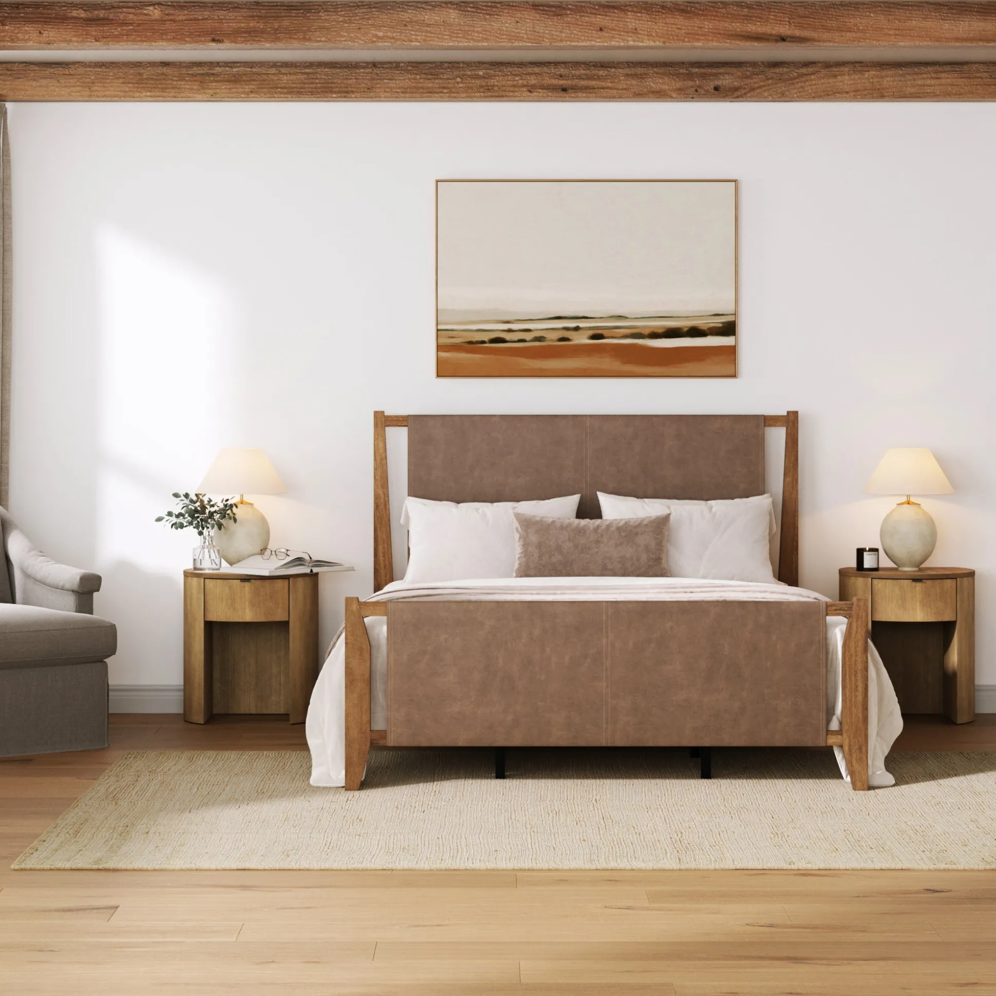 Faux Leather Queen Bed Frame with 2 Curved Nightstands with Drawer Set Light Brown