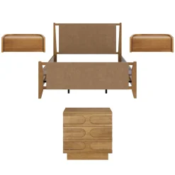 Faux Leather Queen Bedroom Set with 1 Dresser & 2 Nightstands Light Brown