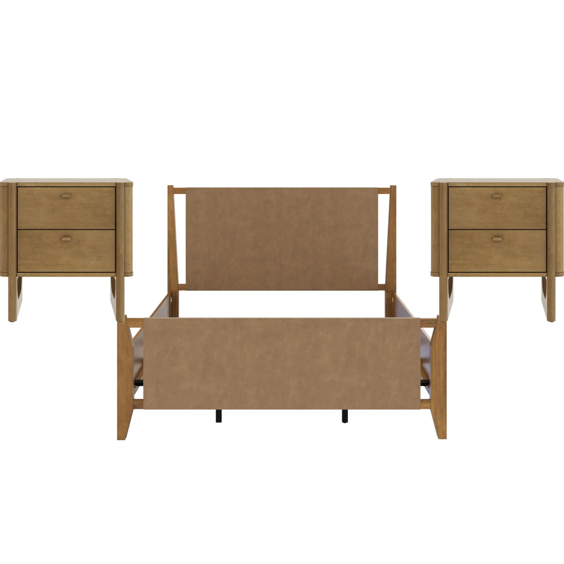 Faux Leather Queen Bedroom Set with 2 Nightstands Light Brown