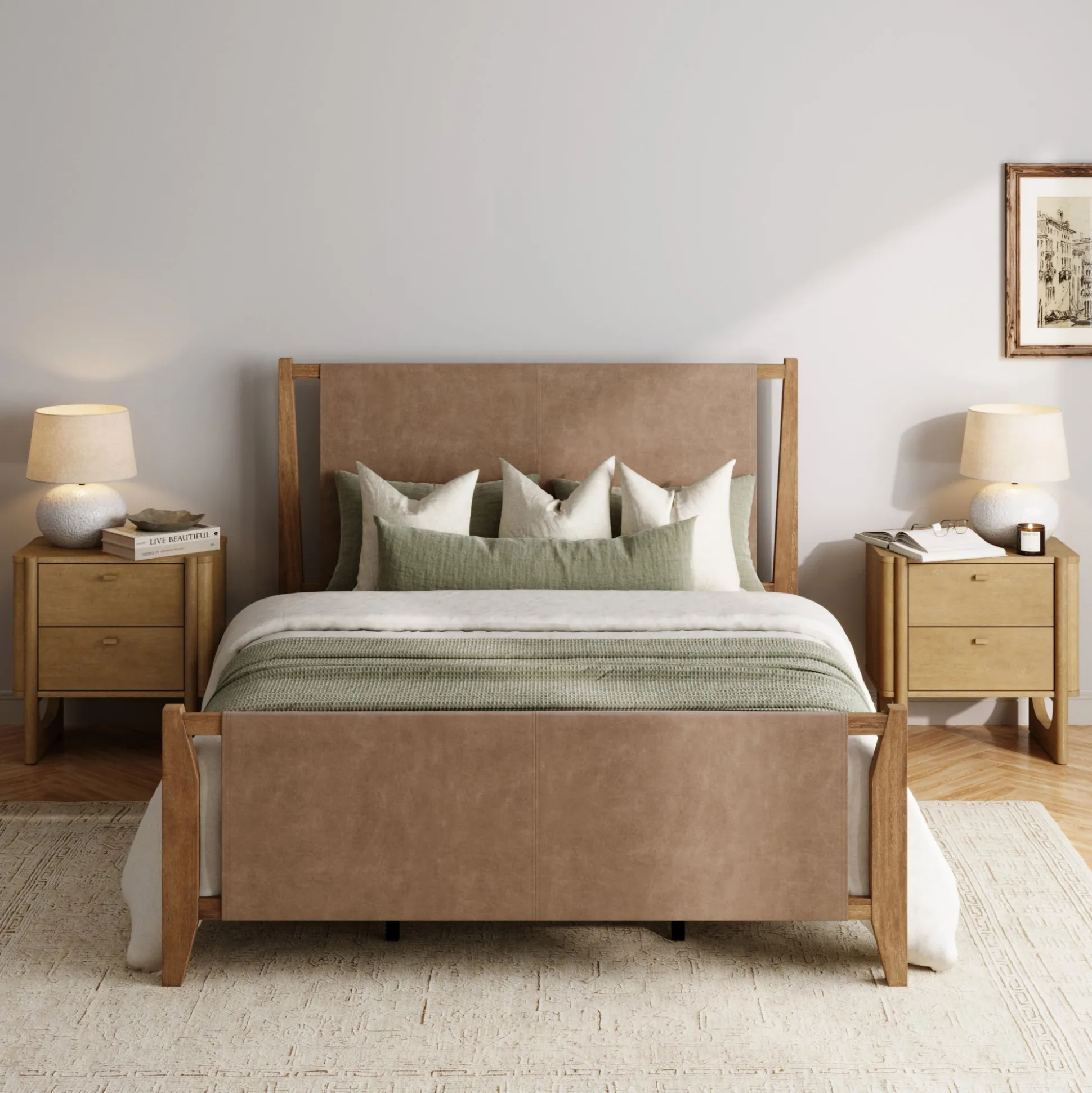 Faux Leather Queen Bedroom Set with 2 Nightstands Light Brown