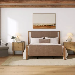 Faux Leather Queen Bedroom Set with 2 Nightstands Light Brown