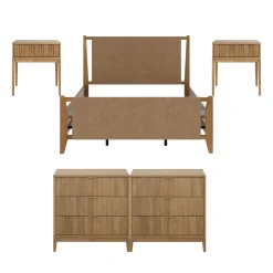 Faux Leather Queen Bedroom Set with 2 Fluted Dressers & 2 Nightstands Light Brown