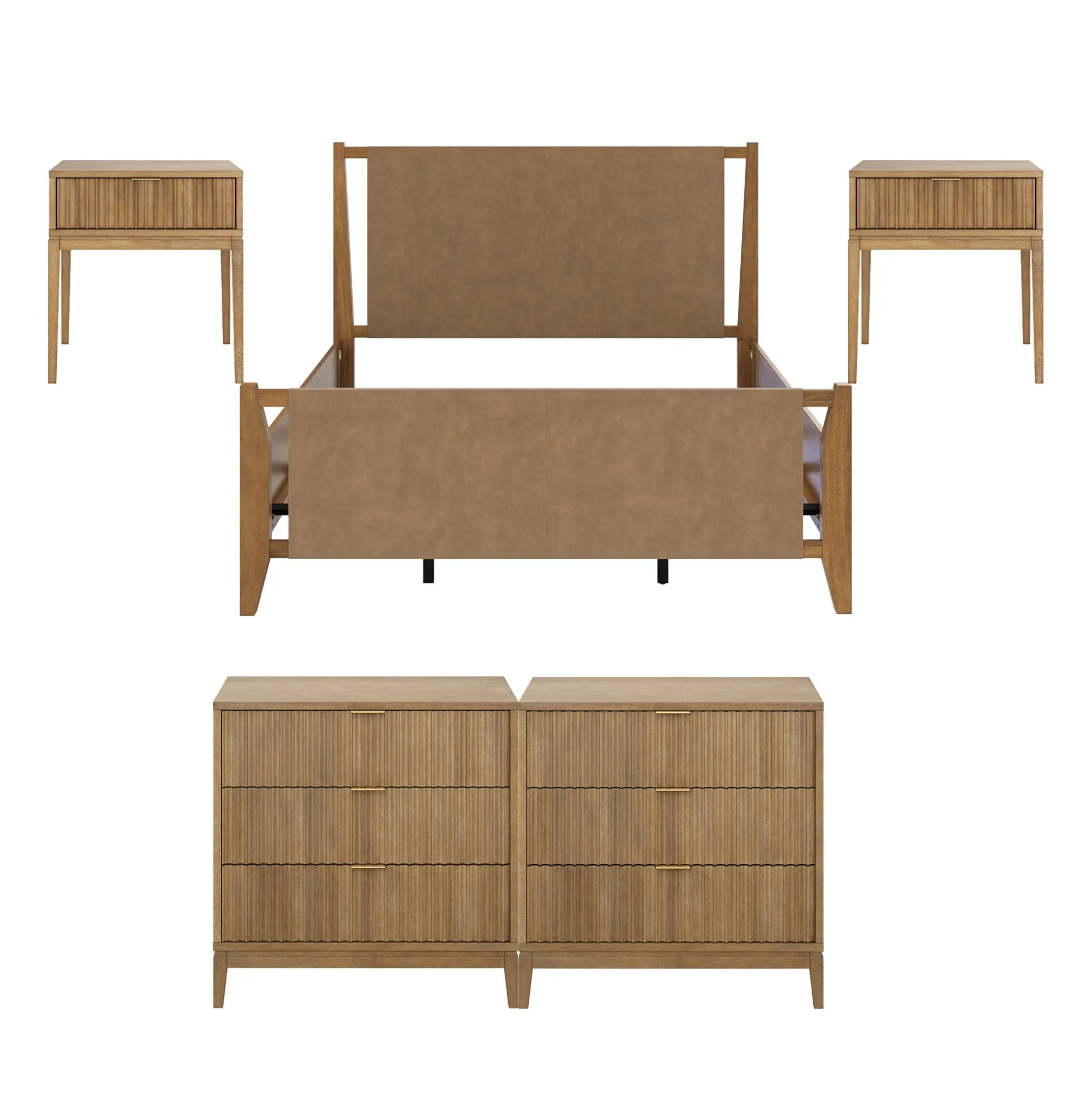 Faux Leather Queen Bedroom Set with 2 Fluted Dressers & 2 Nightstands Light Brown