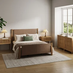 Faux Leather Queen Bedroom Set with 2 Fluted Dressers & 2 Nightstands Light Brown