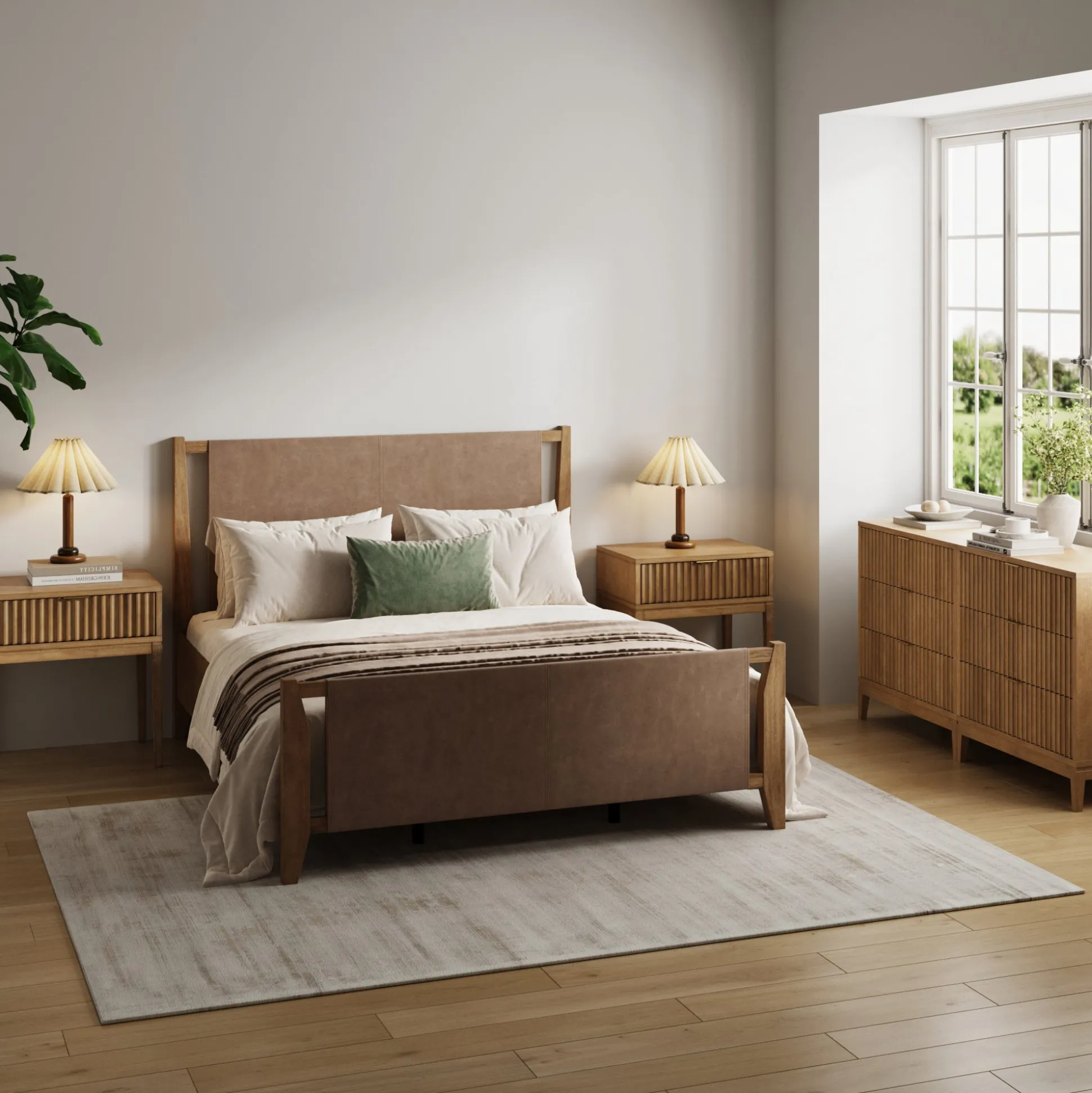 Faux Leather Queen Bedroom Set with 2 Fluted Dressers & 2 Nightstands Light Brown