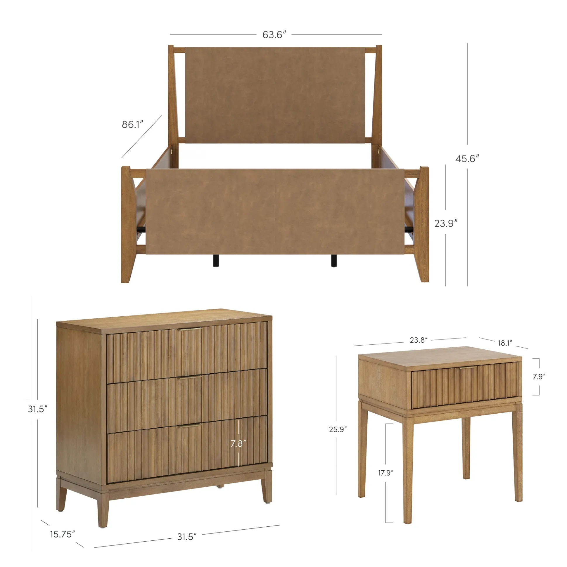 Faux Leather Queen Bedroom Set with 2 Fluted Dressers & 2 Nightstands Light Brown