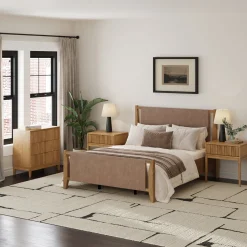 Faux Leather Queen Bedroom Set with 1 Fluted Dresser & 2 Nightstands Light Brown