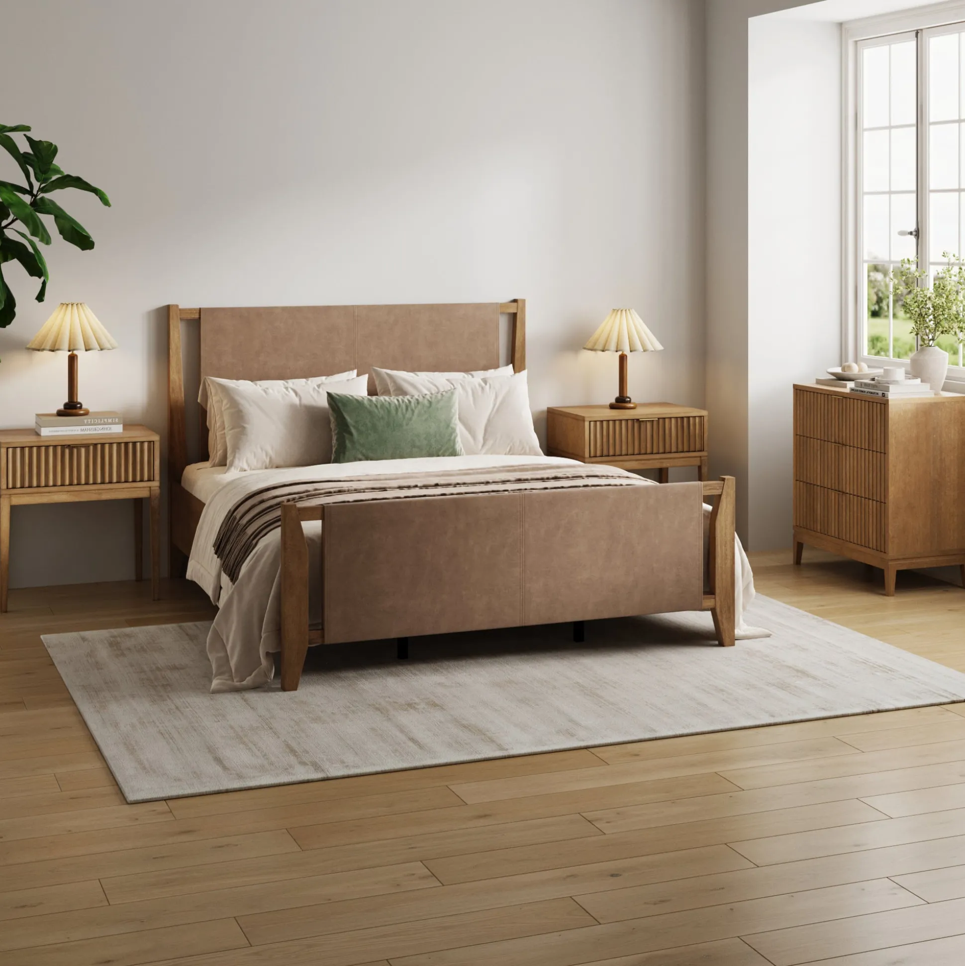 Faux Leather Queen Bedroom Set with 1 Fluted Dresser & 2 Nightstands Light Brown