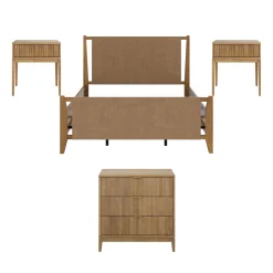 Faux Leather Queen Bedroom Set with 1 Fluted Dresser & 2 Nightstands Light Brown