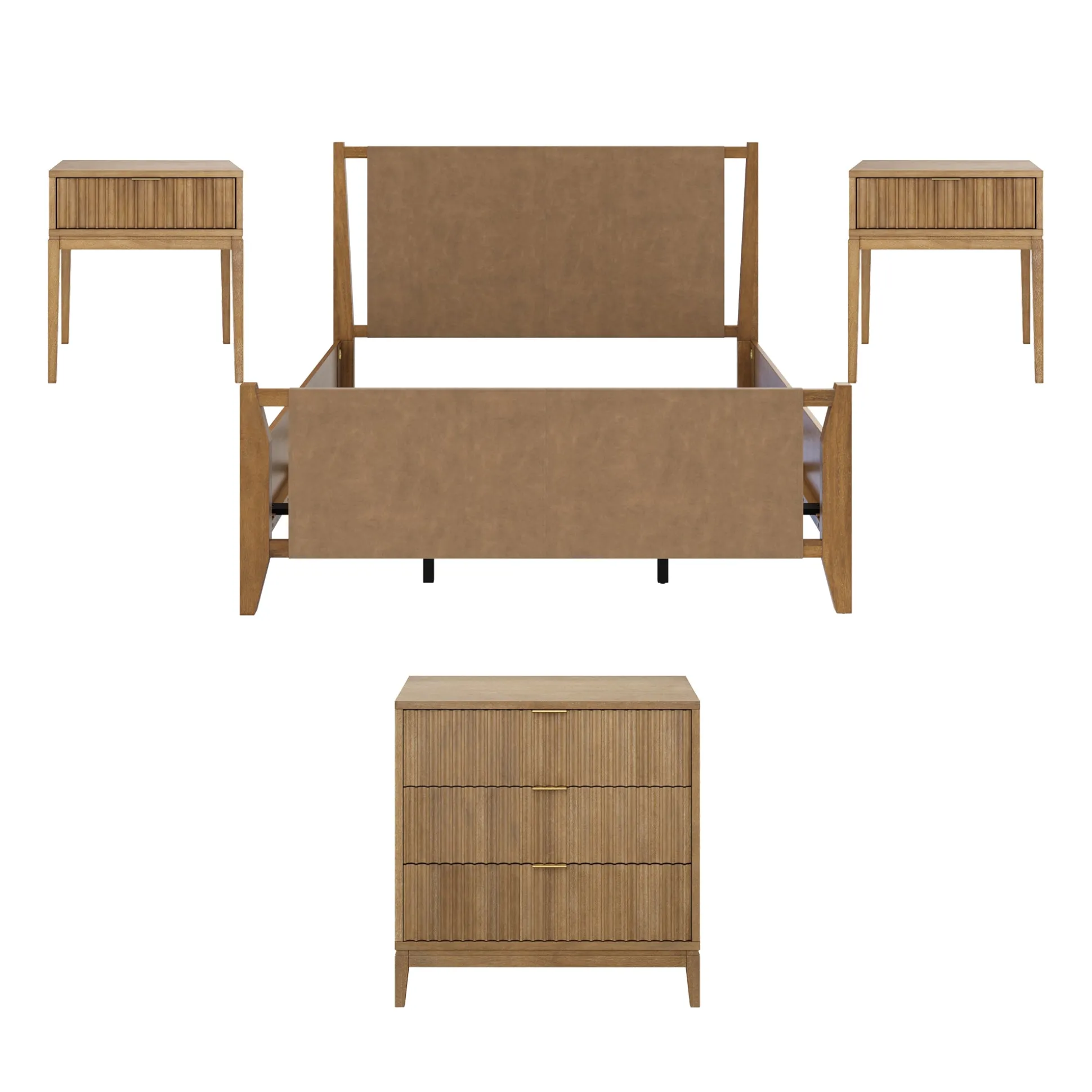 Faux Leather Queen Bedroom Set with 1 Fluted Dresser & 2 Nightstands Light Brown