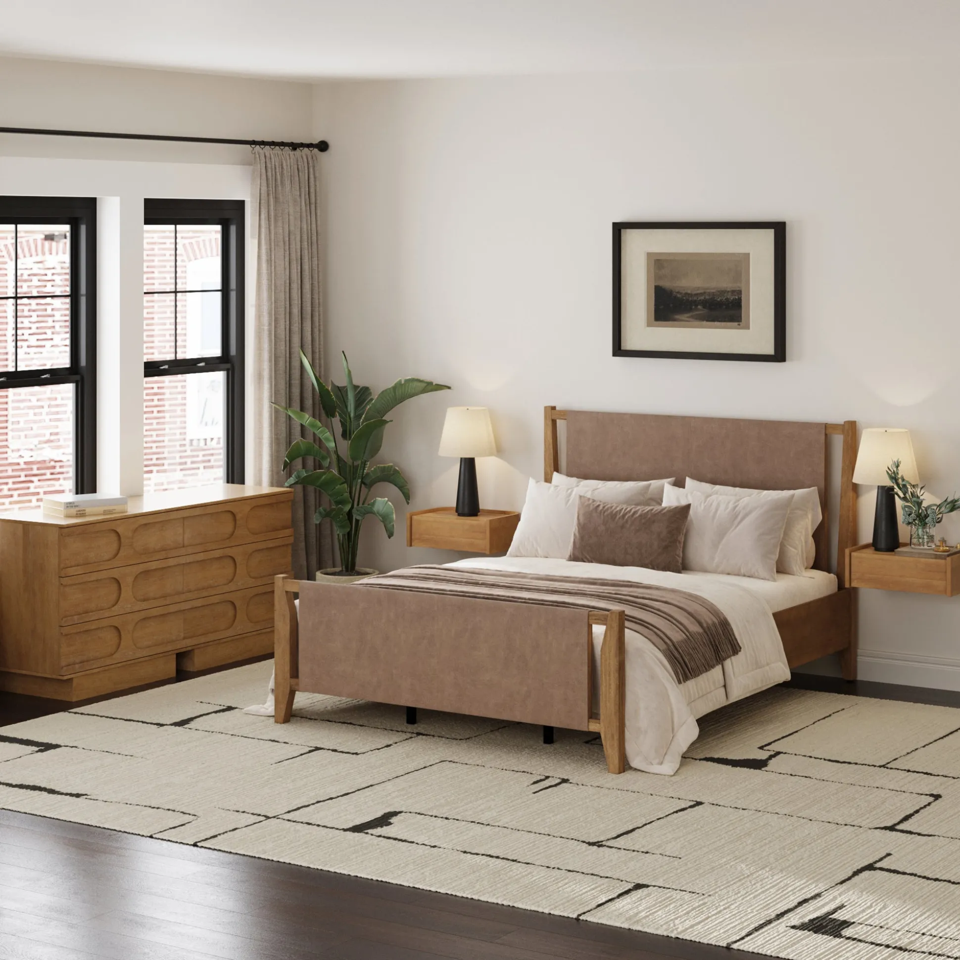 Faux Leather Queen Bedroom Set with 2 Dressers & 2 Nightstands Light Brown