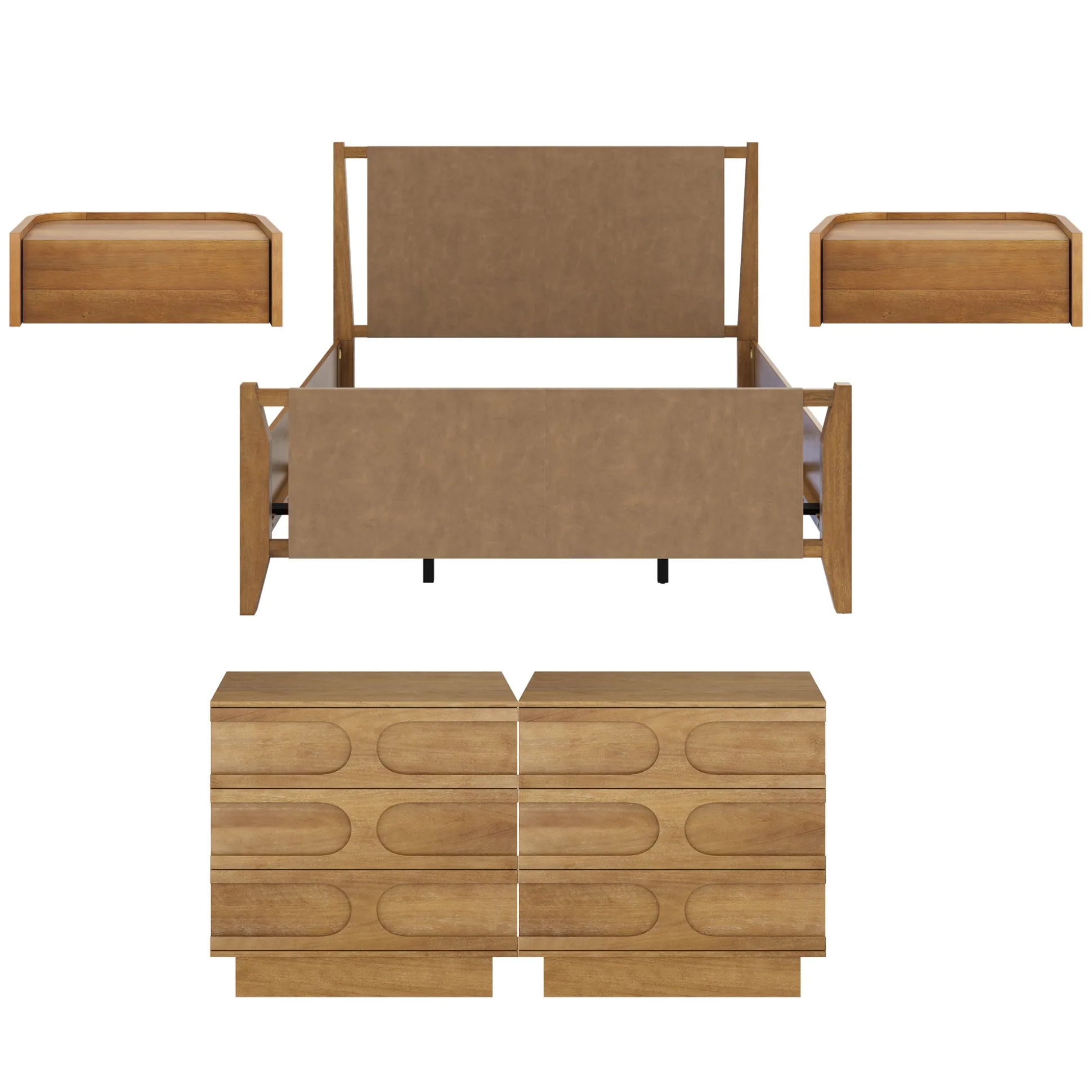Faux Leather Queen Bedroom Set with 2 Dressers & 2 Nightstands Light Brown