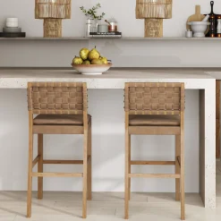 Faux Leather Woven Bar Stool Brown