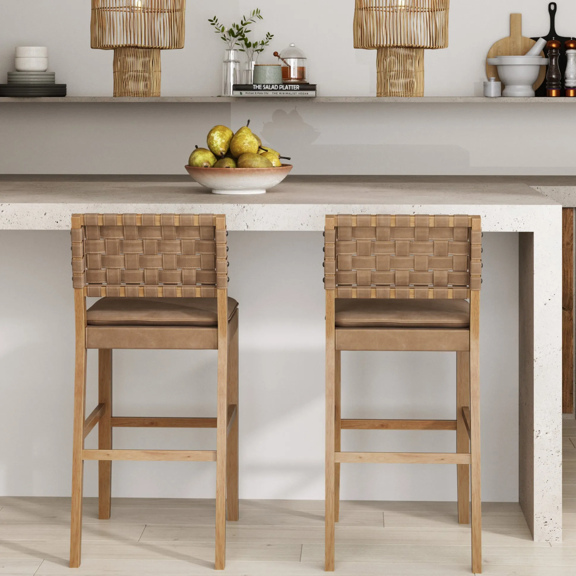 Faux Leather Woven Bar Stool Brown