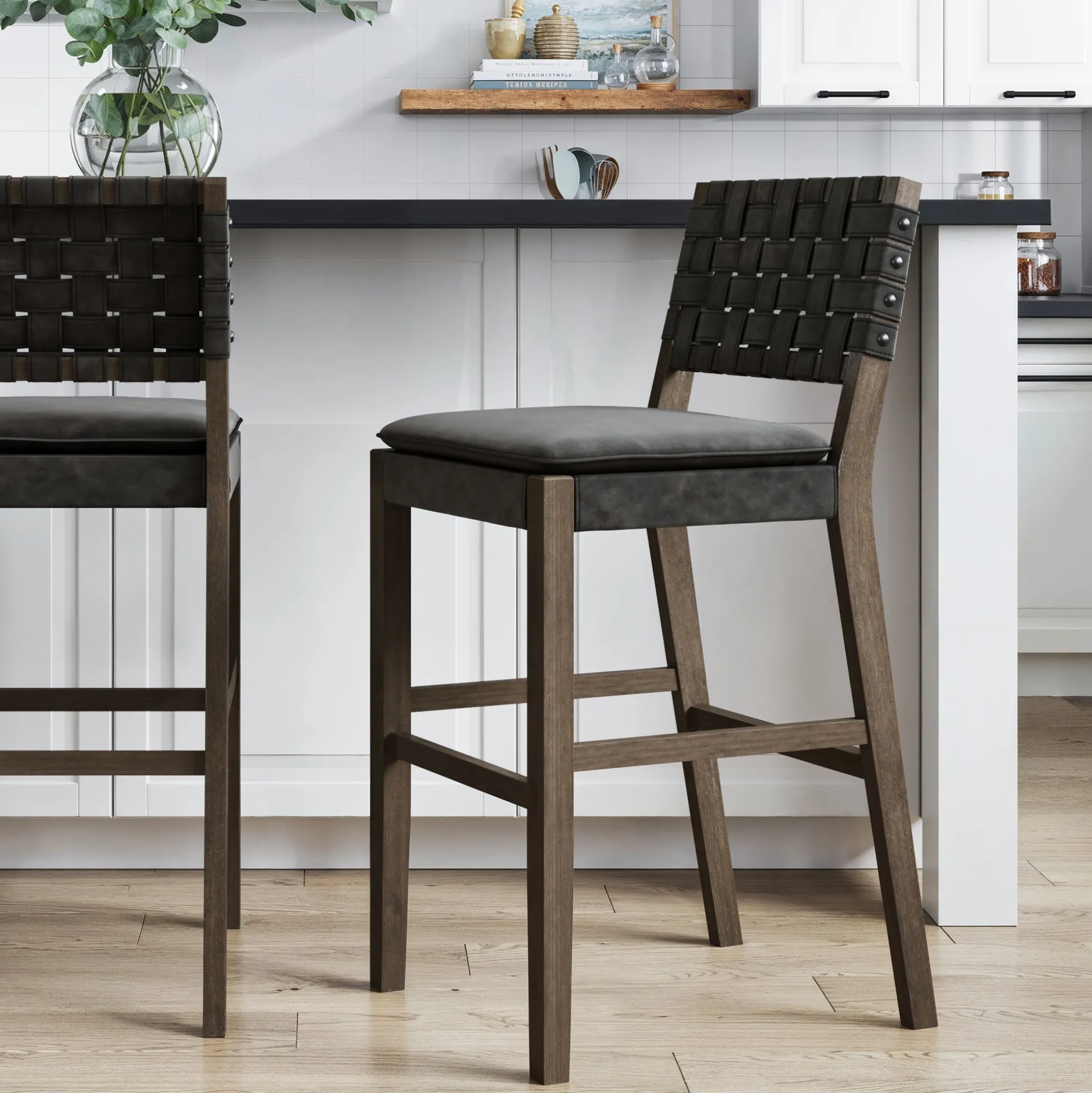 Faux Leather Woven Bar Stool Black