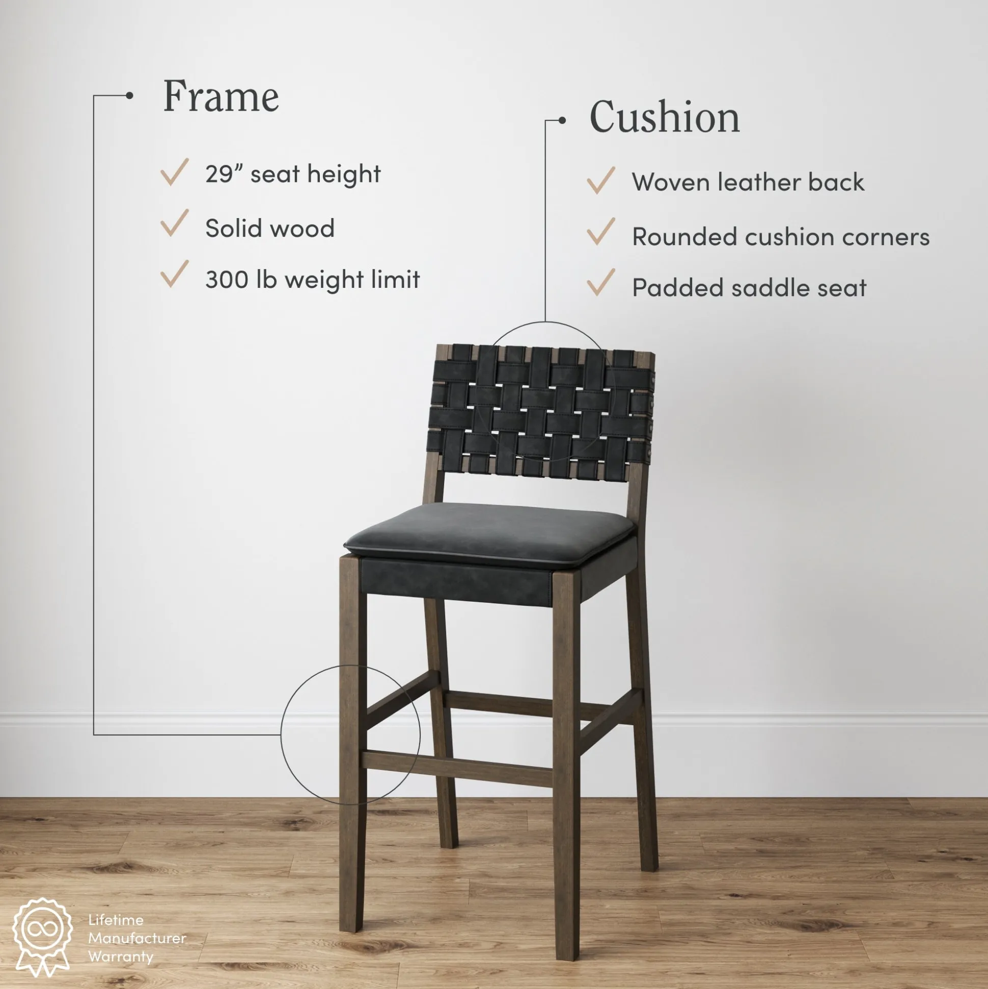 Faux Leather Woven Bar Stool Black