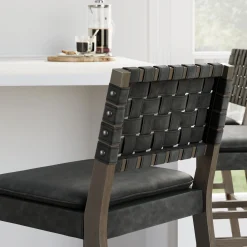 Faux Leather Woven Bar Stool Black