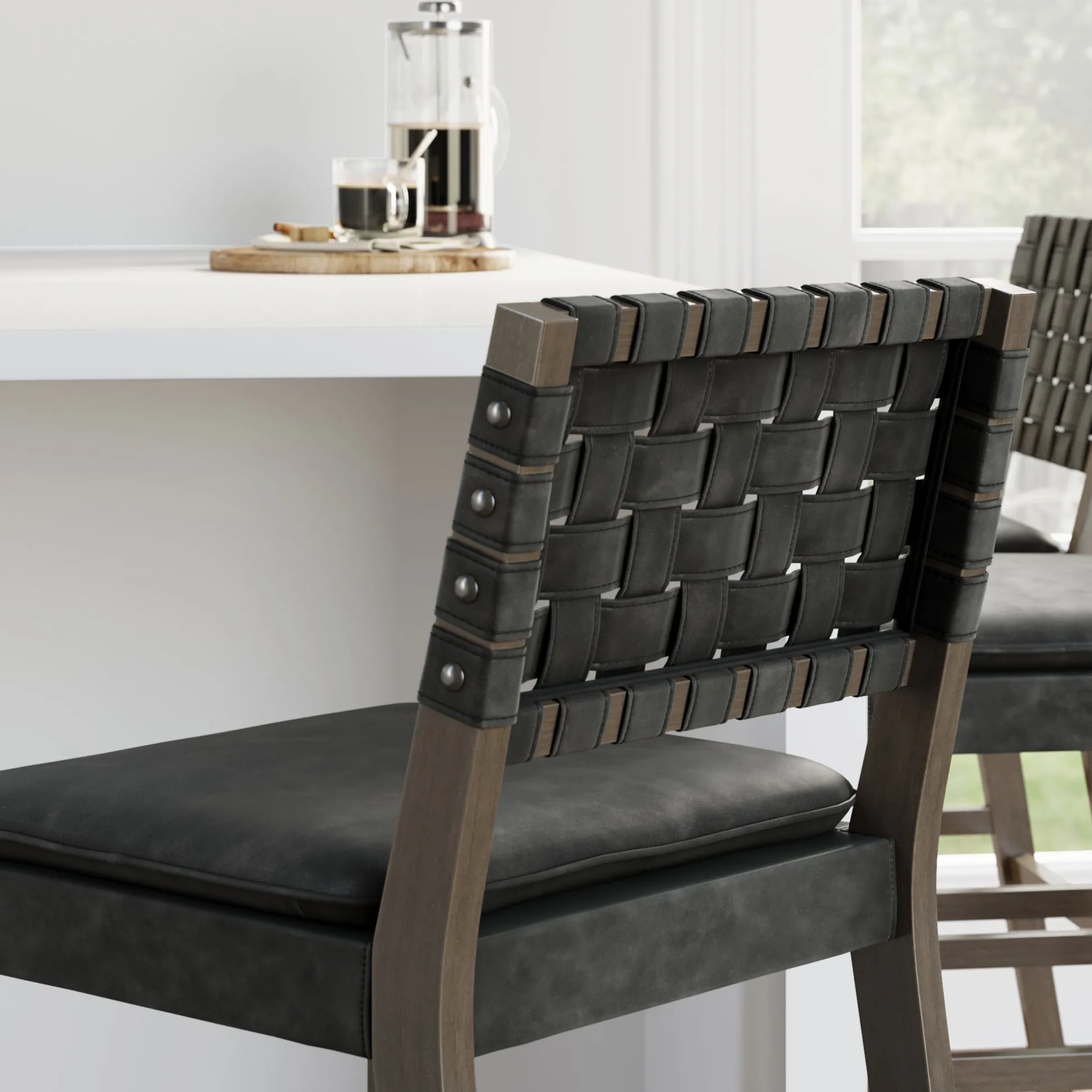 Faux Leather Woven Bar Stool Black