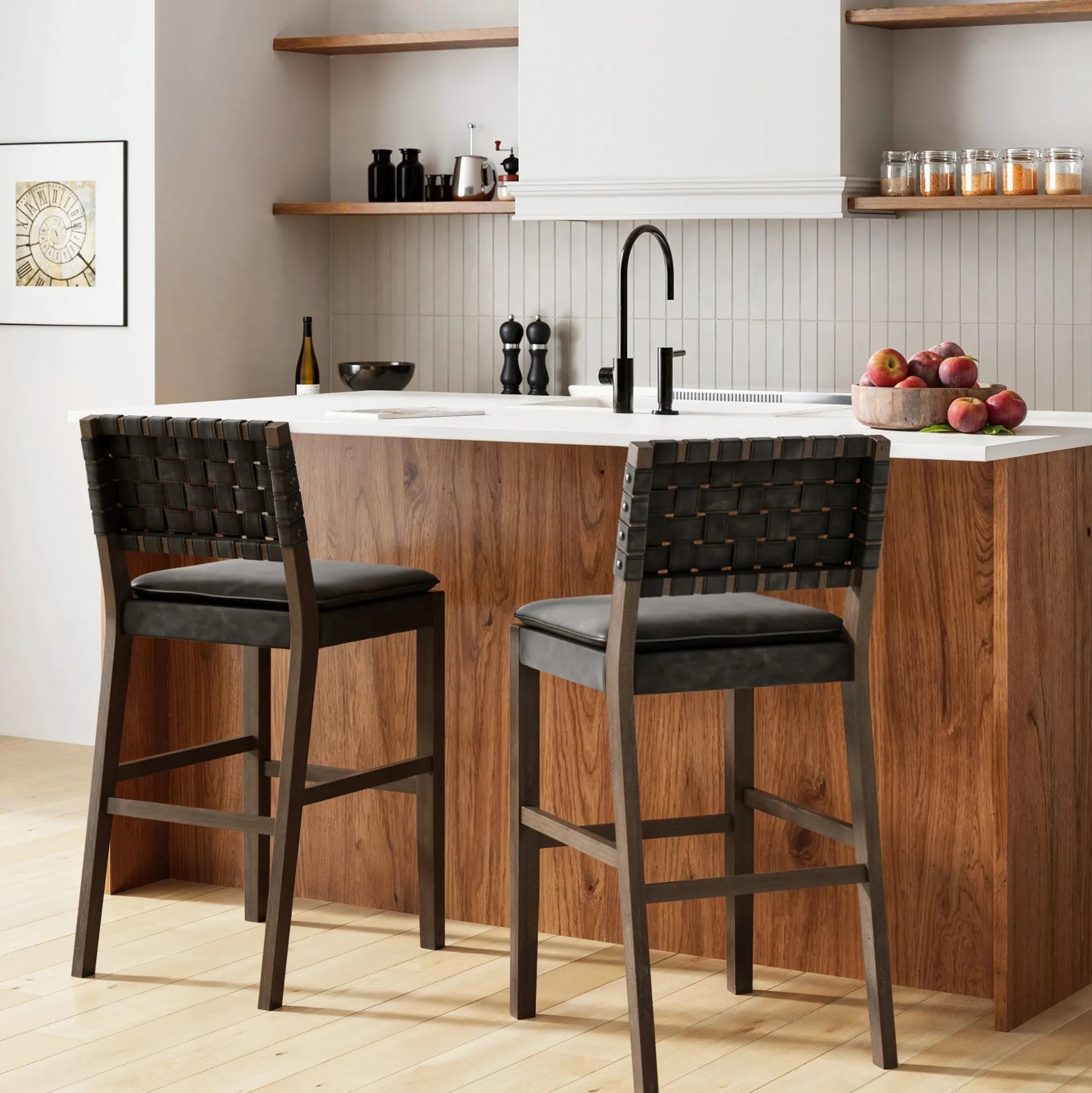 Faux Leather Woven Bar Stool Black