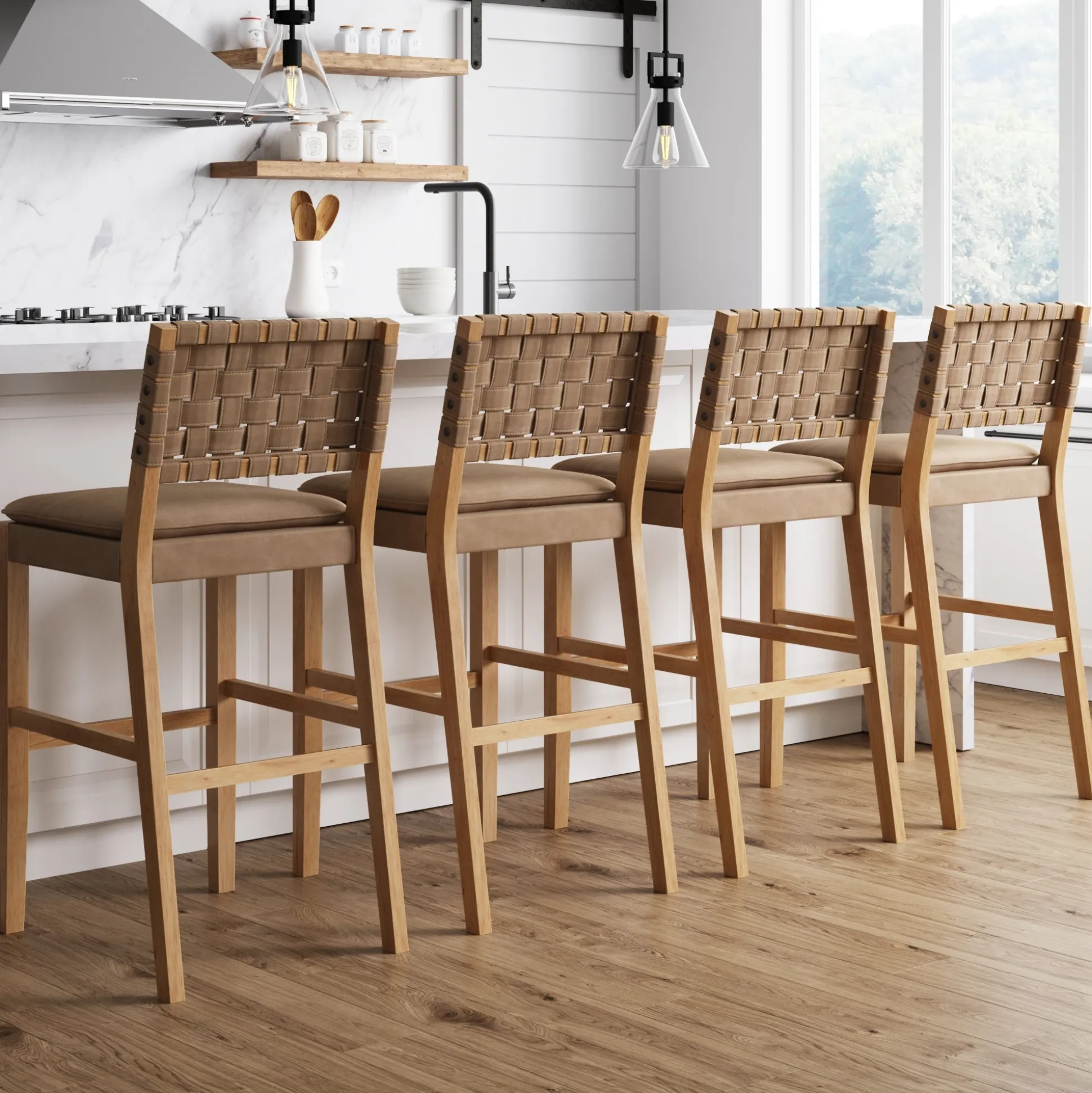 Faux Leather Woven Bar Stools Brown (Set of 4)
