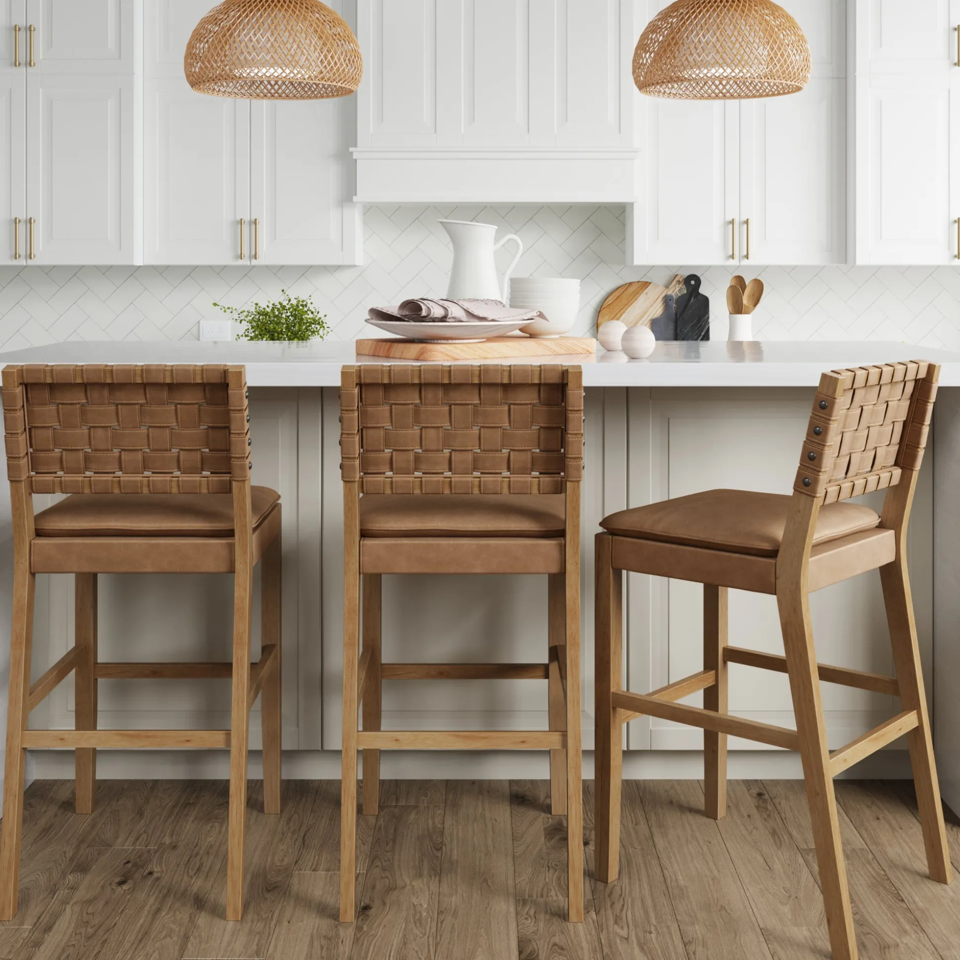 Faux Leather Woven Bar Stools Brown (Set of 3)