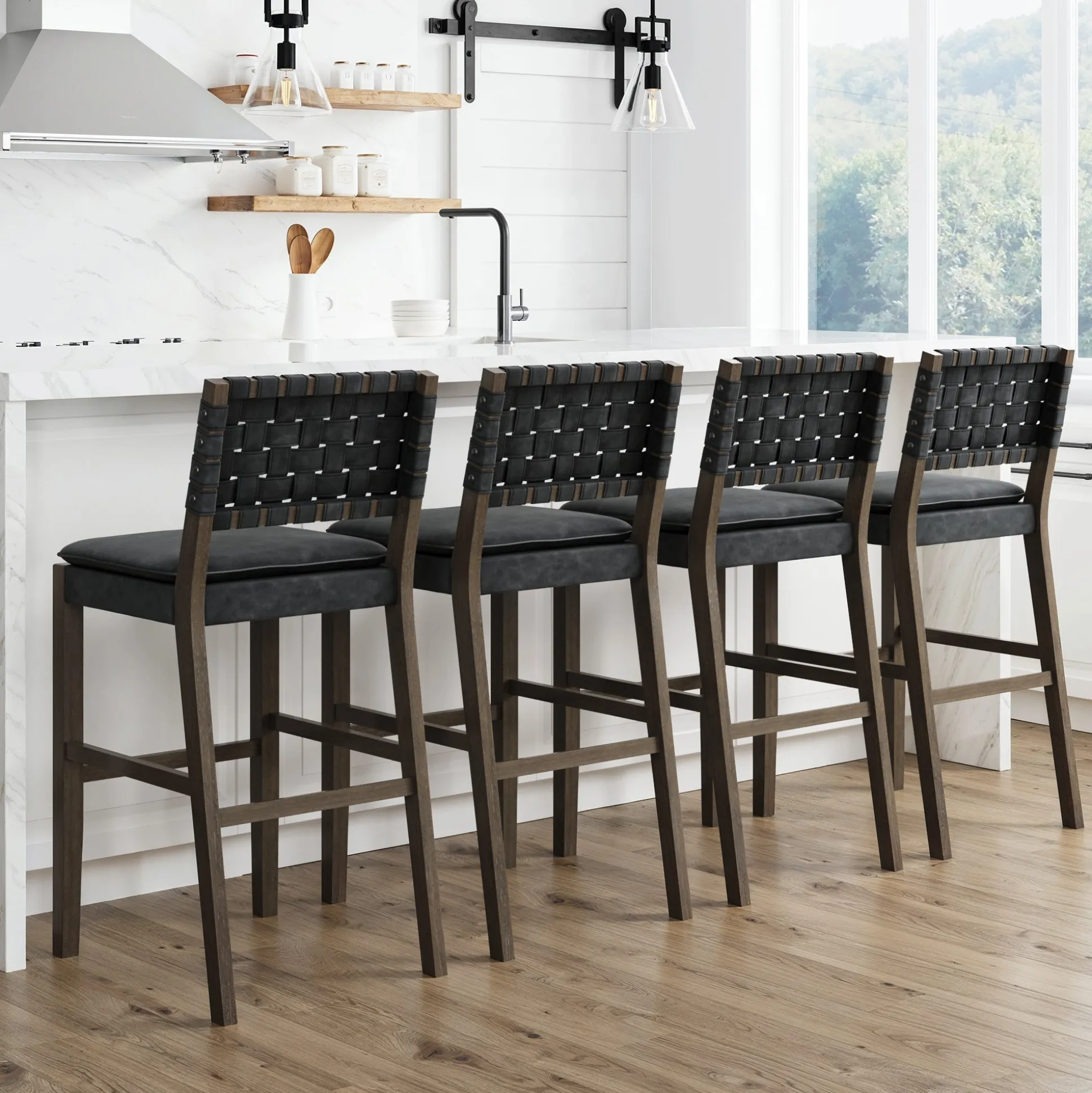 Faux Leather Woven Bar Stools Black (Set of 4)