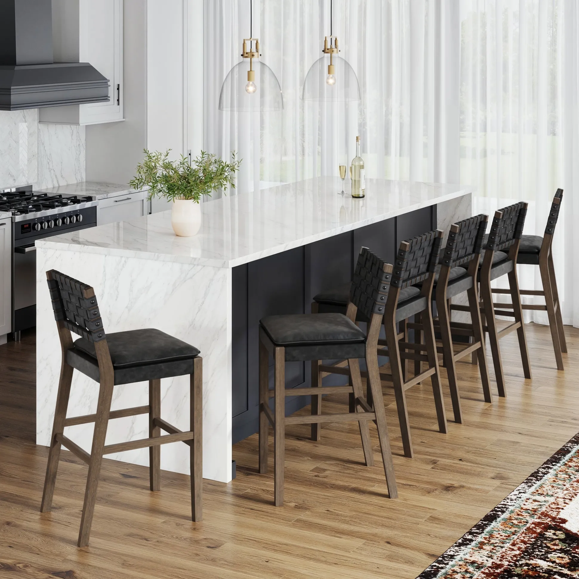 Faux Leather Woven Bar Stools Black (Set of 6)