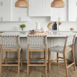 Faux Leather Woven Counter Height Bar Stools Off White (Set of 3)