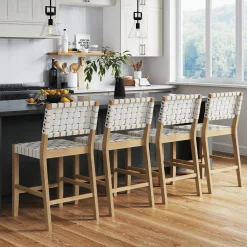 Faux Leather Woven Counter Height Bar Stools Off White (Set of 4)