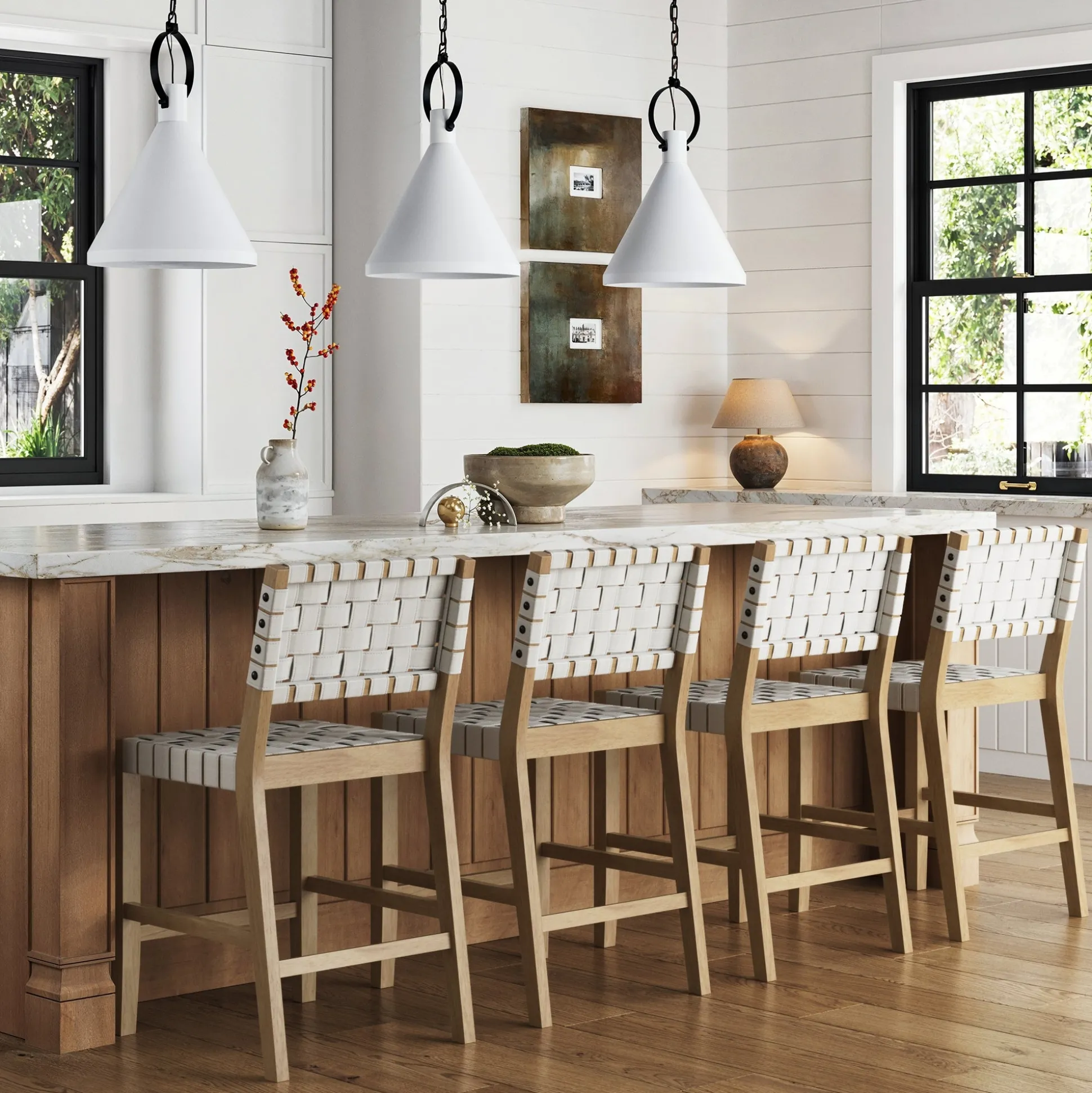 Faux Leather Woven Counter Height Bar Stools Off White (Set of 4)