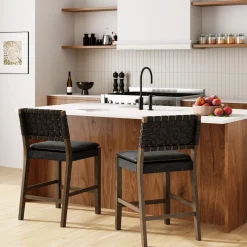 Faux Leather Woven Counter Height Bar Stools Black (Set of 2)
