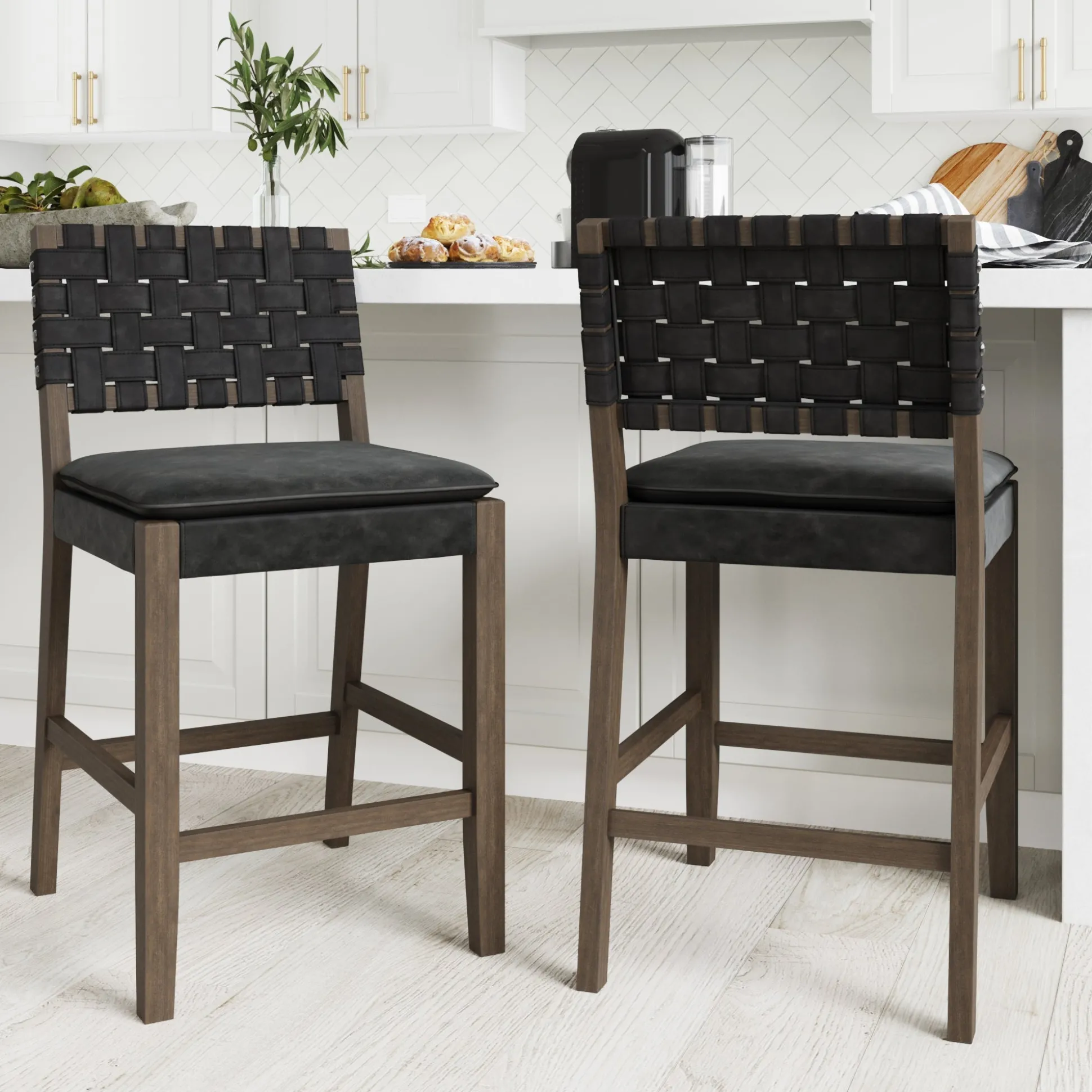 Faux Leather Woven Counter Height Bar Stools Black (Set of 2)