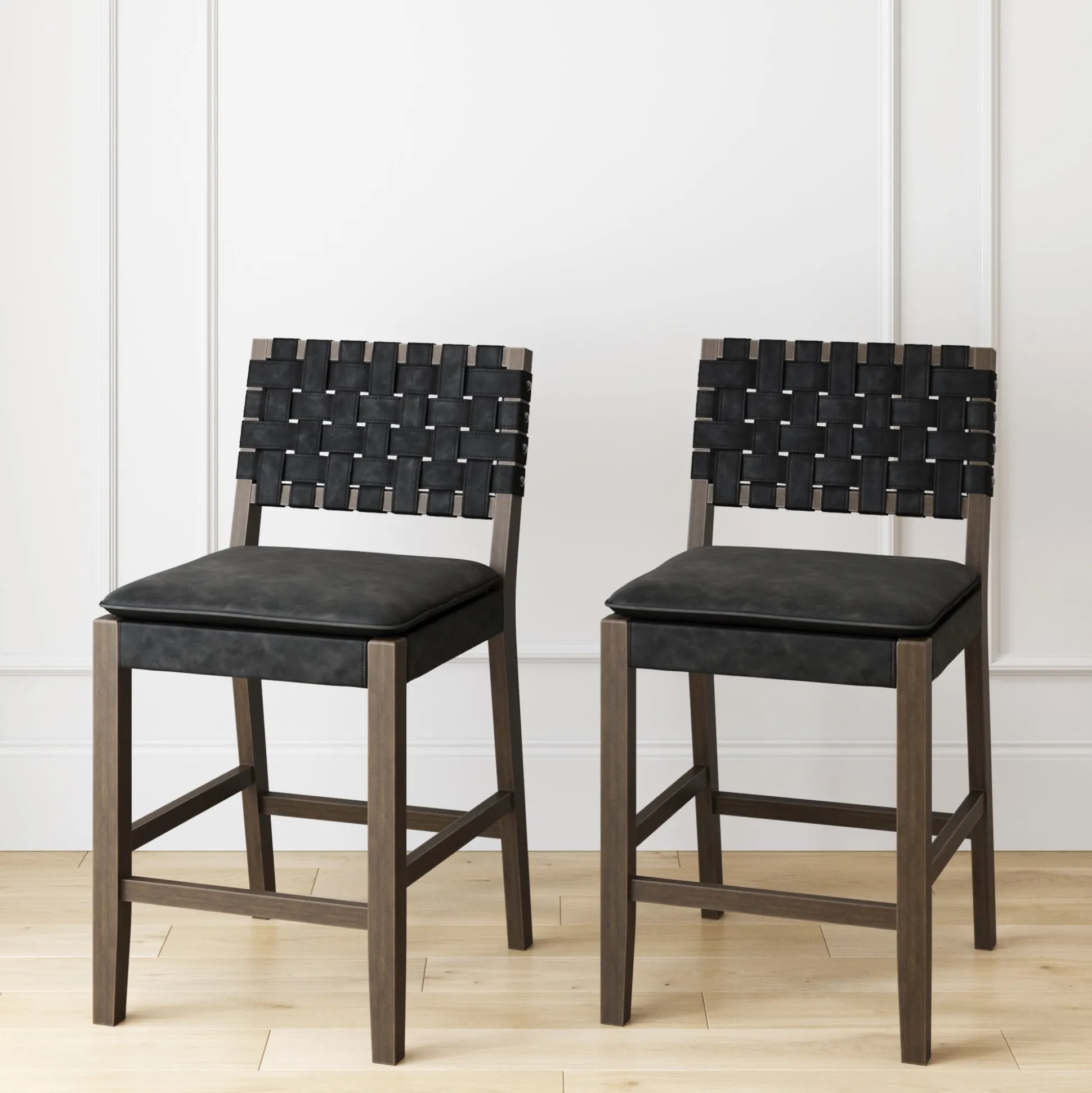 Faux Leather Woven Counter Height Bar Stools Black (Set of 2)