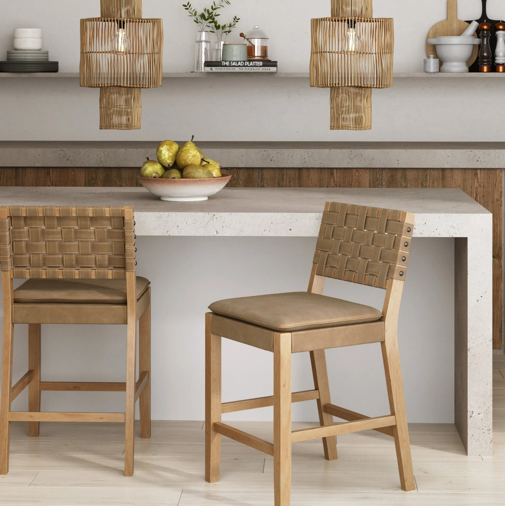 Faux Leather Woven Counter Height Bar Stool Brown