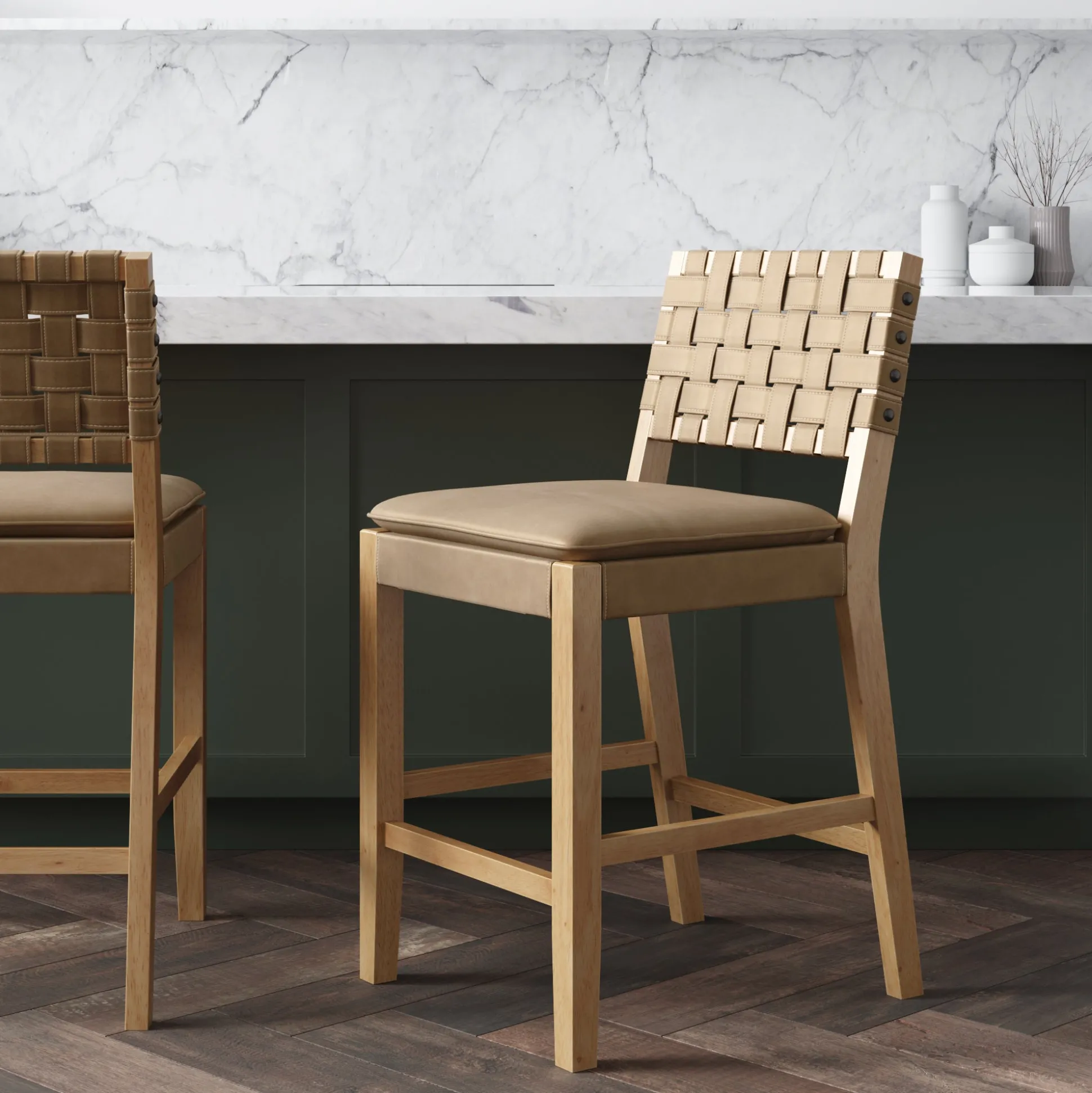 Faux Leather Woven Counter Height Bar Stool Brown