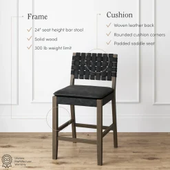 Faux Leather Woven Counter Height Bar Stool Black