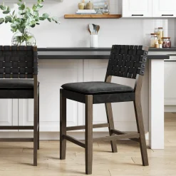 Faux Leather Woven Counter Height Bar Stool Black