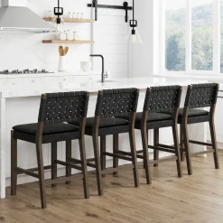Faux Leather Woven Counter Height Bar Stool Black