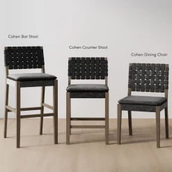 Faux Leather Woven Counter Height Bar Stool Black