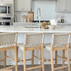 Faux Leather Woven Counter Height Bar Stool Off White