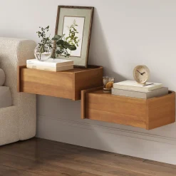 Floating 1-Drawer Rounded Nightstand Light Brown (Set of 2)