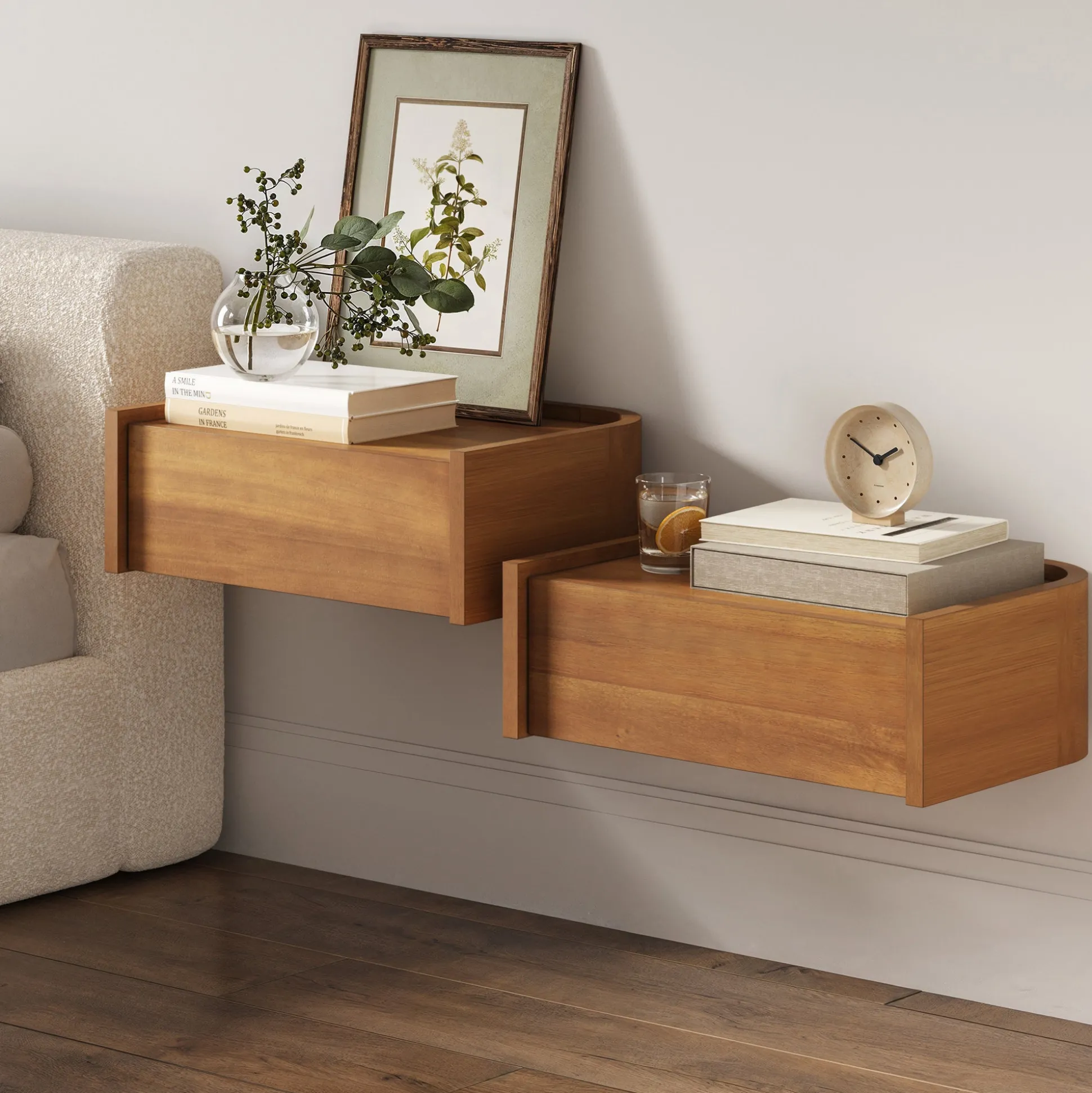 Floating 1-Drawer Rounded Nightstand Light Brown (Set of 2)