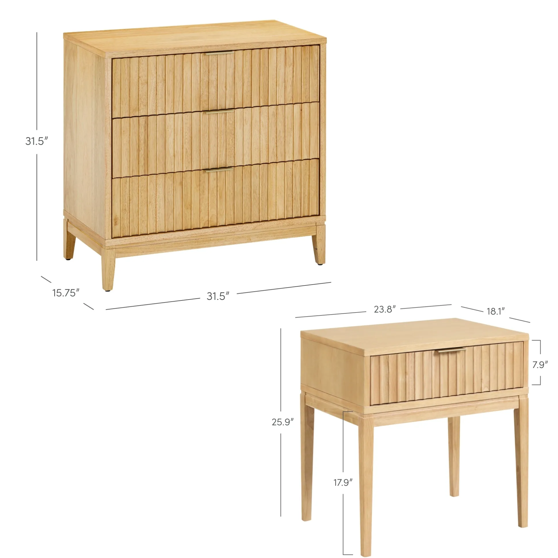 Fluted Dresser and 2 Nightstands Set Warm Pine