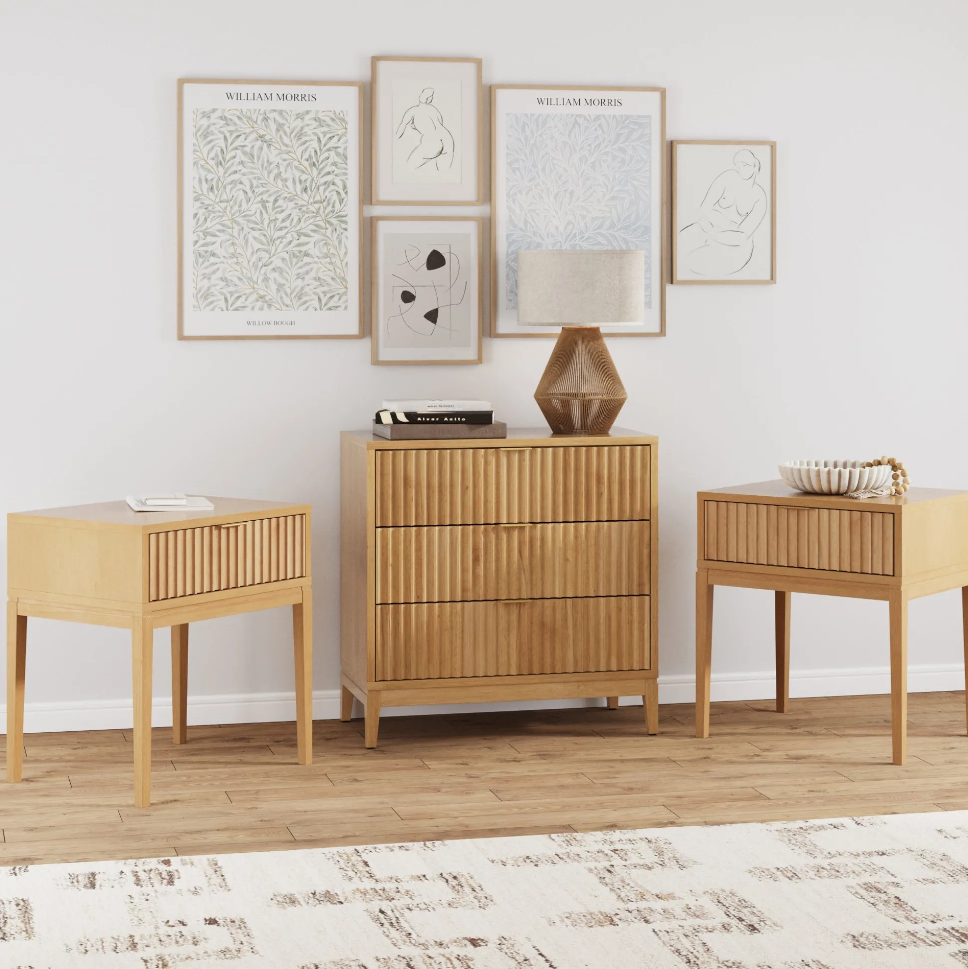 Fluted Dresser and 2 Nightstands Set Warm Pine