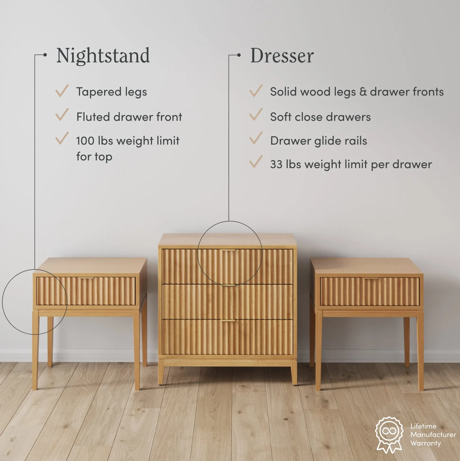 Fluted Dresser and 2 Nightstands Set Warm Pine