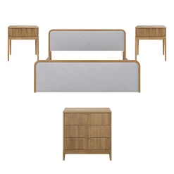 Fluted King Bed Frame with 1 Solid Wood Dresser and 2 Nightstands Set Gray/Light Brown
